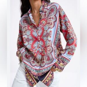 Zara satin scarf print button down blouse, M excellent condition